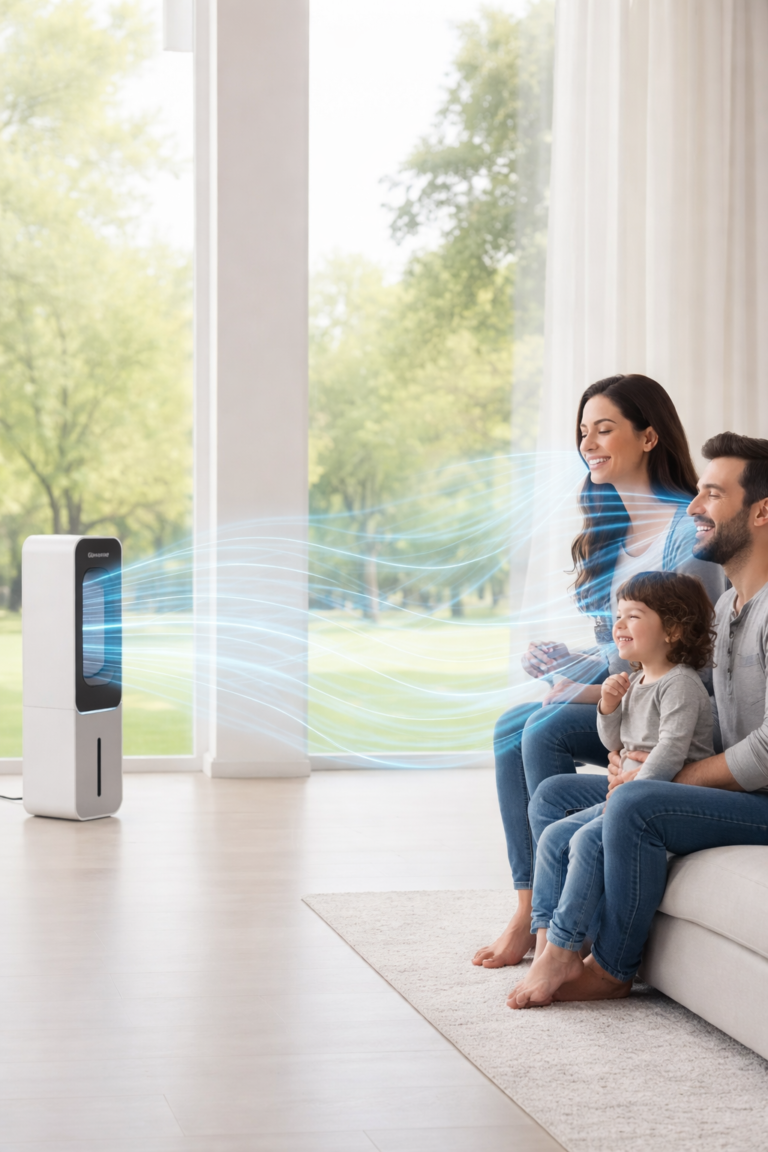 Family relaxing indoors with an air scrubber purifying the air in a bright living room