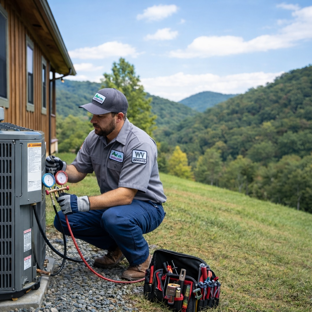 HVAC technician performing maintenance on an outdoor air conditioning unit with tools and gauges in a rural West Virginia setting.