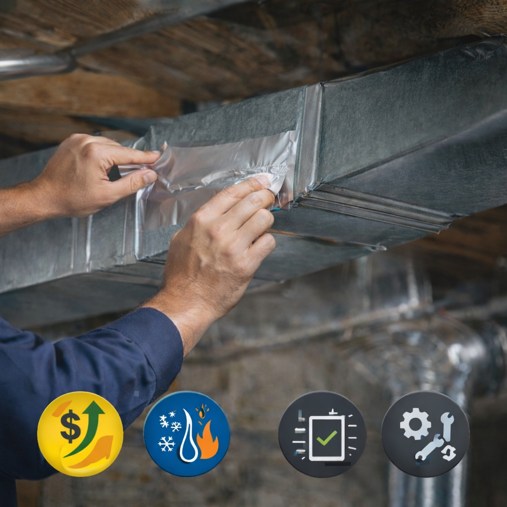 HVAC technician sealing a metal air duct with foil tape during professional duct repair to improve airflow and energy efficiency.