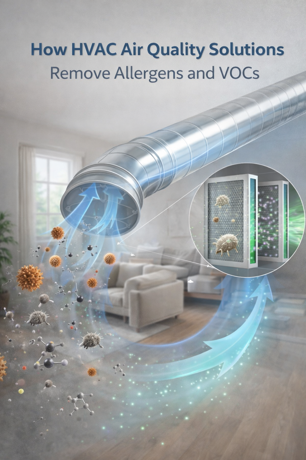 Illustration showing HVAC air quality systems removing allergens and VOCs as air flows through ductwork and filtration media, releasing clean air into a home