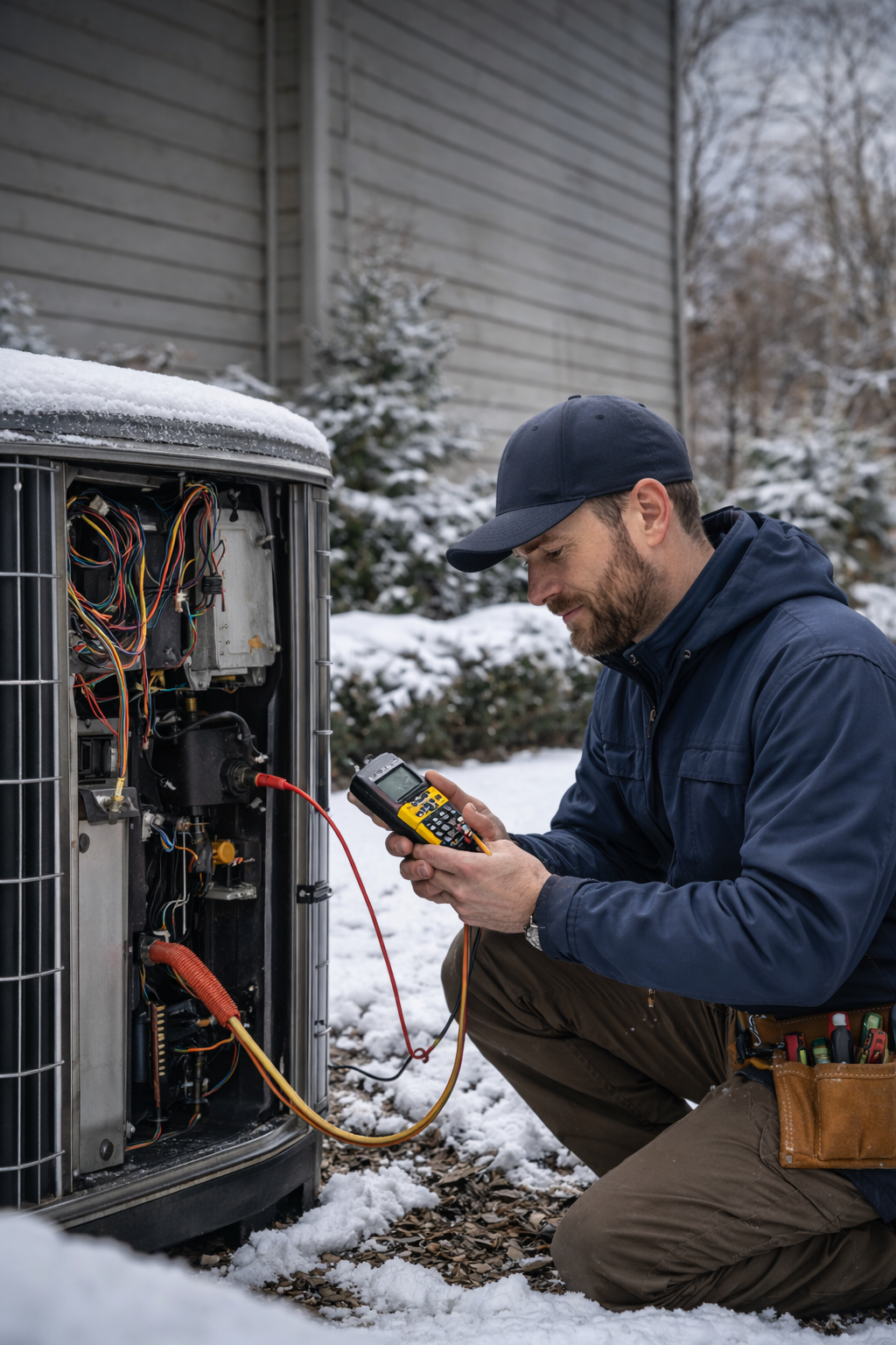 Kneeling technician working on heat pump