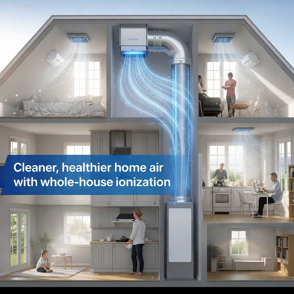 Whole-house air ionizer system distributing purified air throughout a multi-level home
