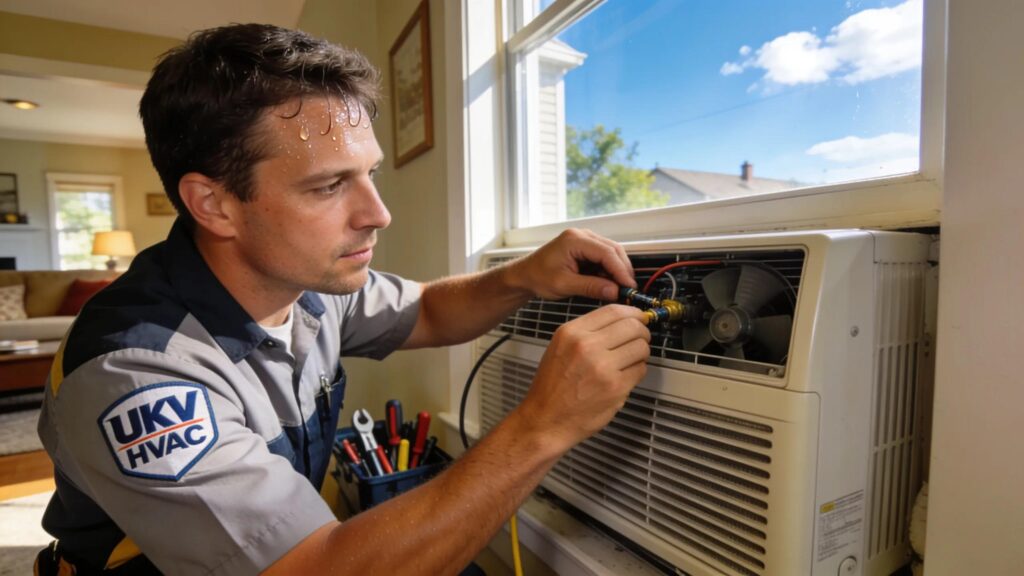 NATE Certified technician repairing an air conditioning unit in Clarksburg, WV highlighting reliable AC repair services