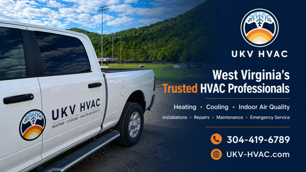 White pickup truck with HVAC logo, set against a green hillside and blue sky