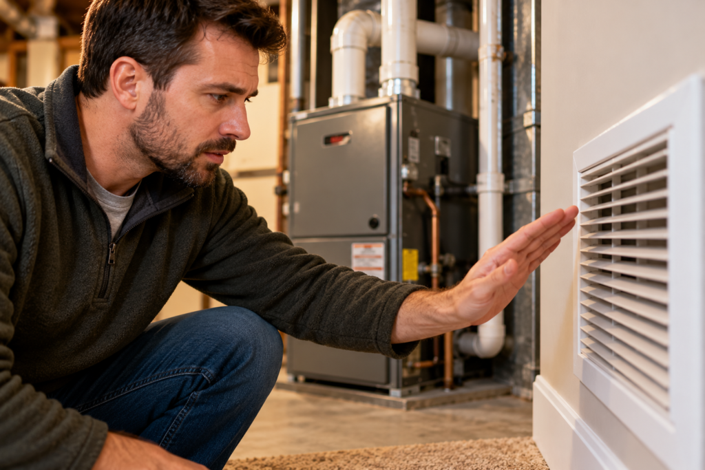 Homeowner checking airflow from a heating vent near a gas furnace to troubleshoot why the furnace is blowing cold air.