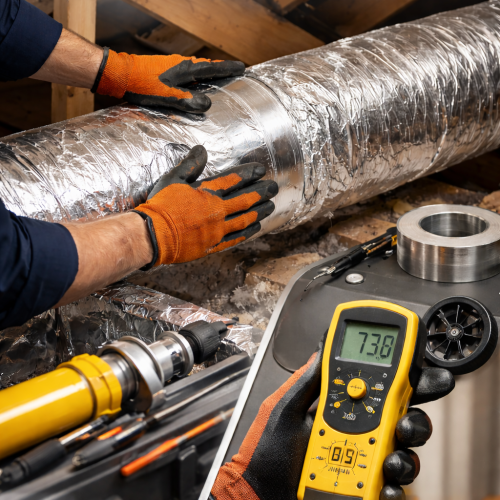HVAC technician sealing and testing residential ductwork during a professional duct installation inspection.